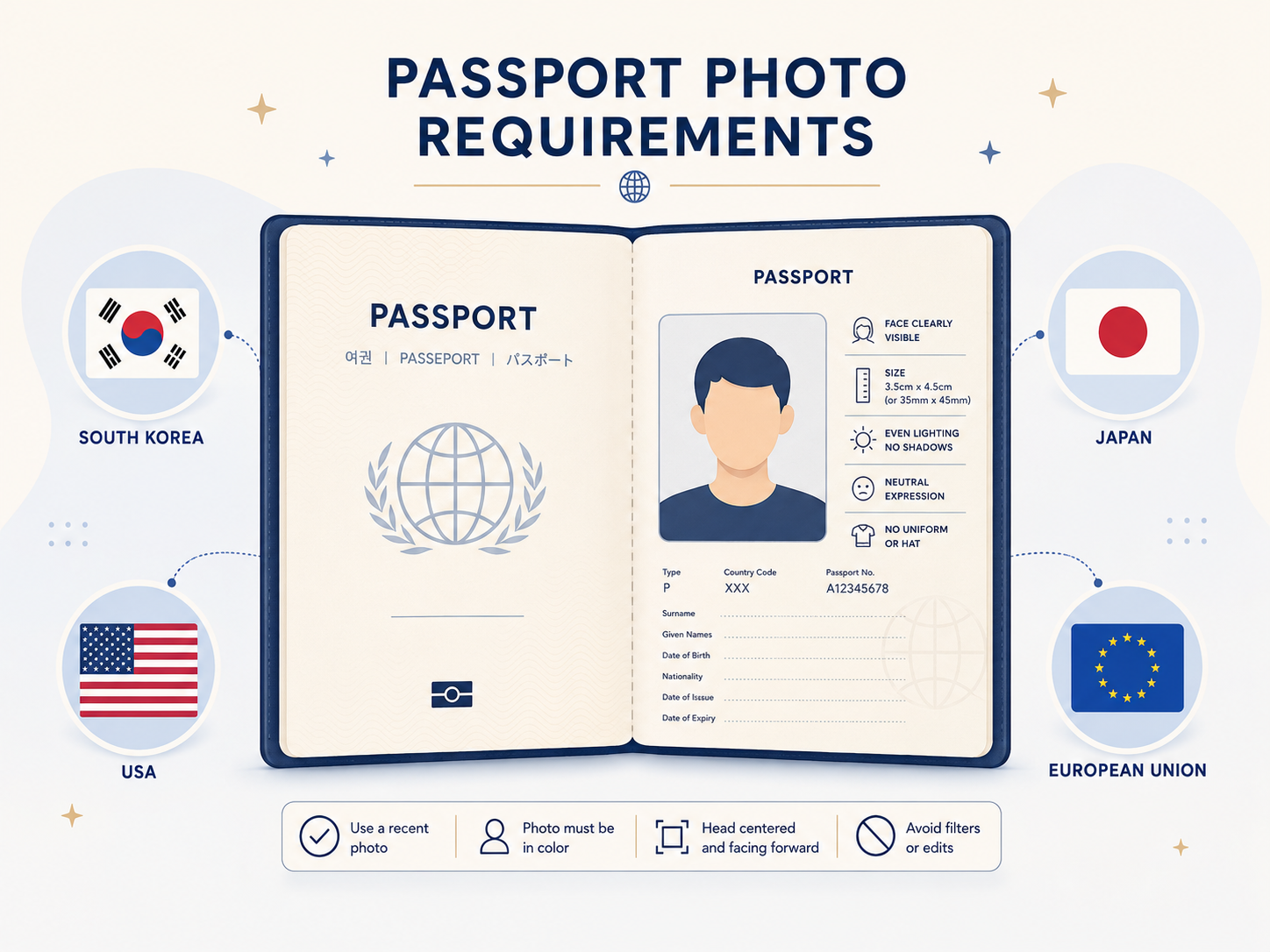 Illustration comparing passport photo specs across countries